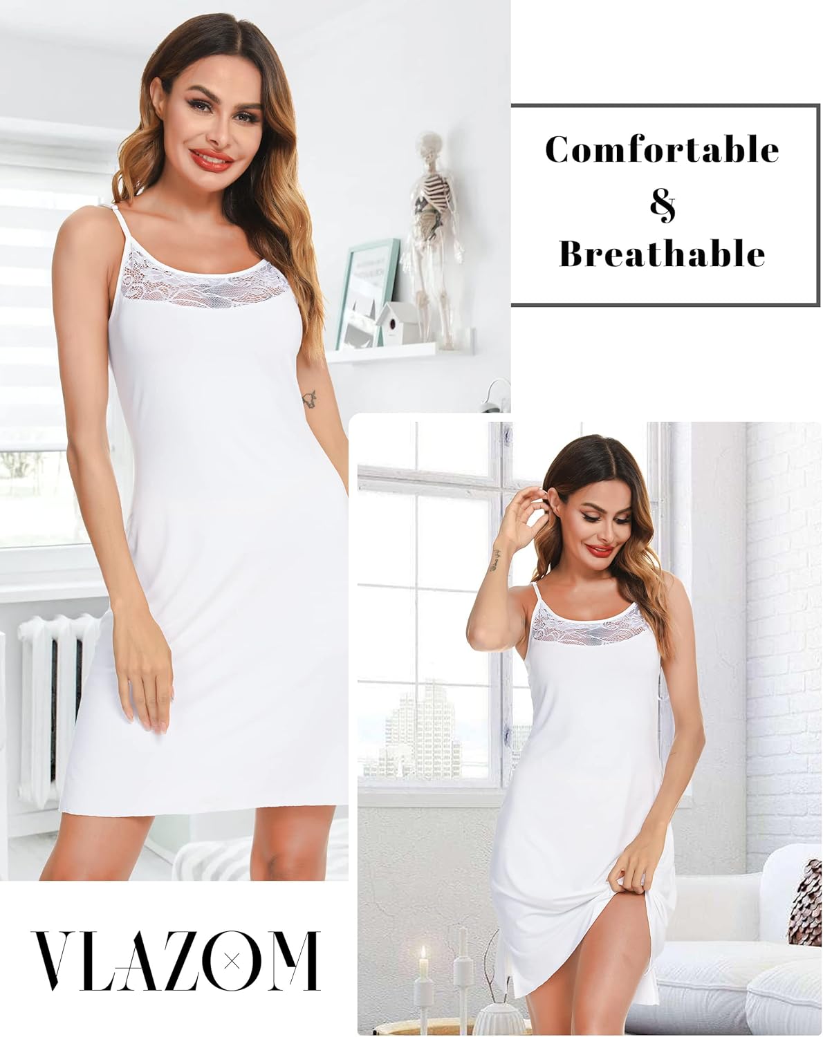 Vlazom Women Full Slips Sexy Soft Slip Dress for Under Dress Spaghetti Strap Cami Slip Chemises V Neck Negligee S-XXL - Image 2