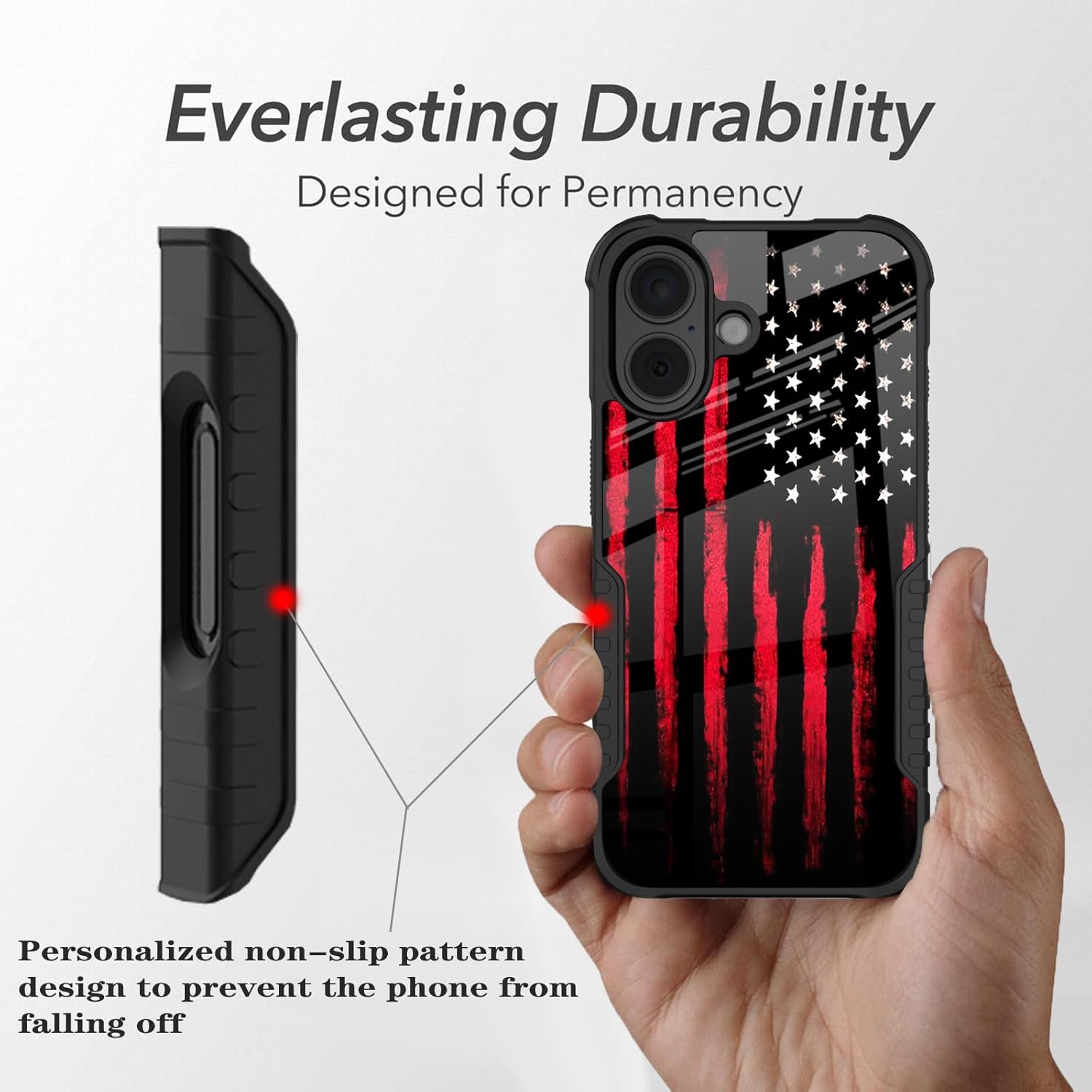 Compatible with iPhone 16 Case Black Red American Flag Design for Men Boys, [Shockproof Bumper] [Anti-Scratch] [Anti-Slip] Heavy Duty Protection Cover for iPhone 16 6.1'' - Image 4