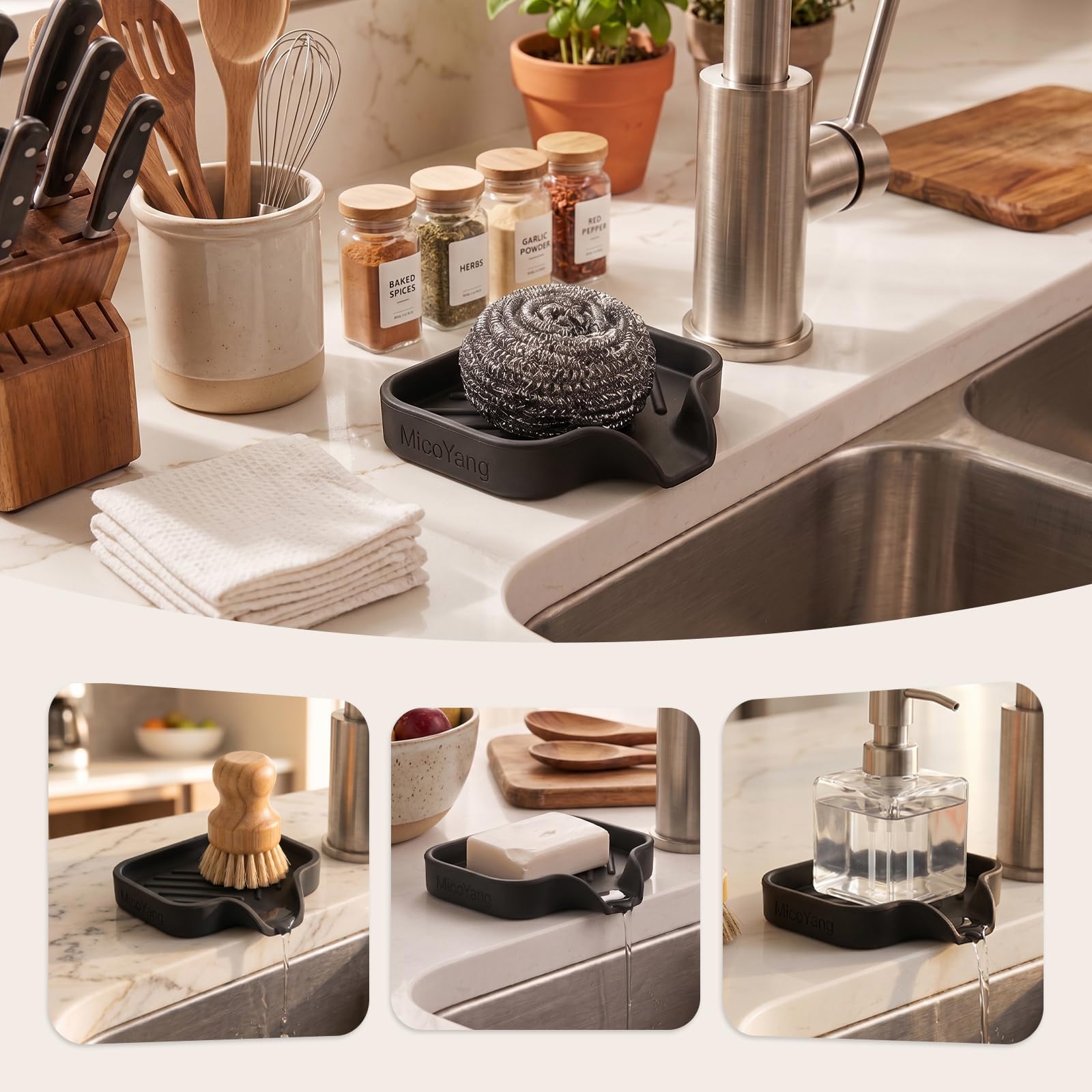 Black Silicone Soap Dish with Drain Spout U464