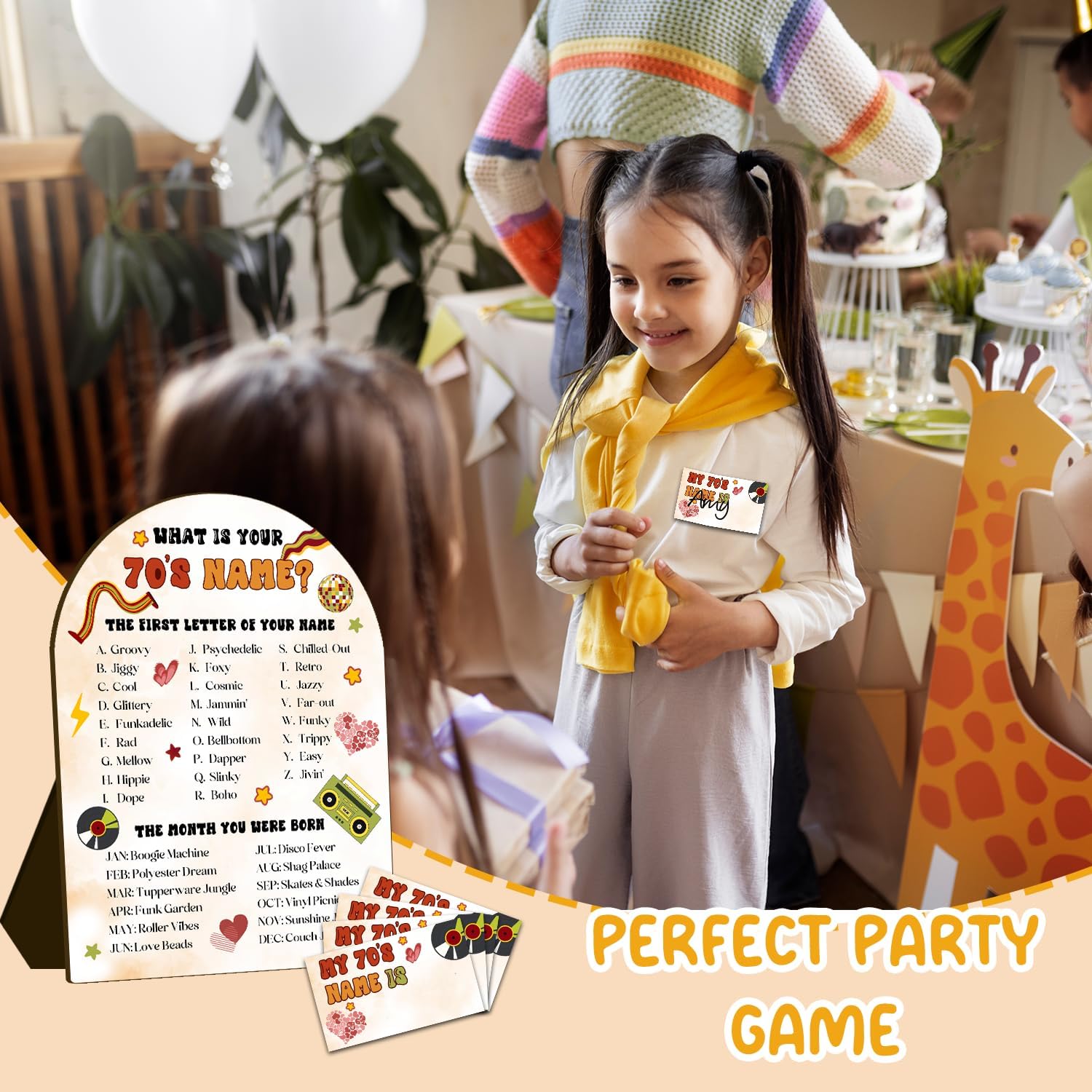 What's Your 70'S Name Game Set, Disco Themed Birthday Party Games Decorations for Adults and Kids, 70's Themed Retro Party Supplies, Holiday Activity, A Wooden Sign and 30 Stickers Cards image 5