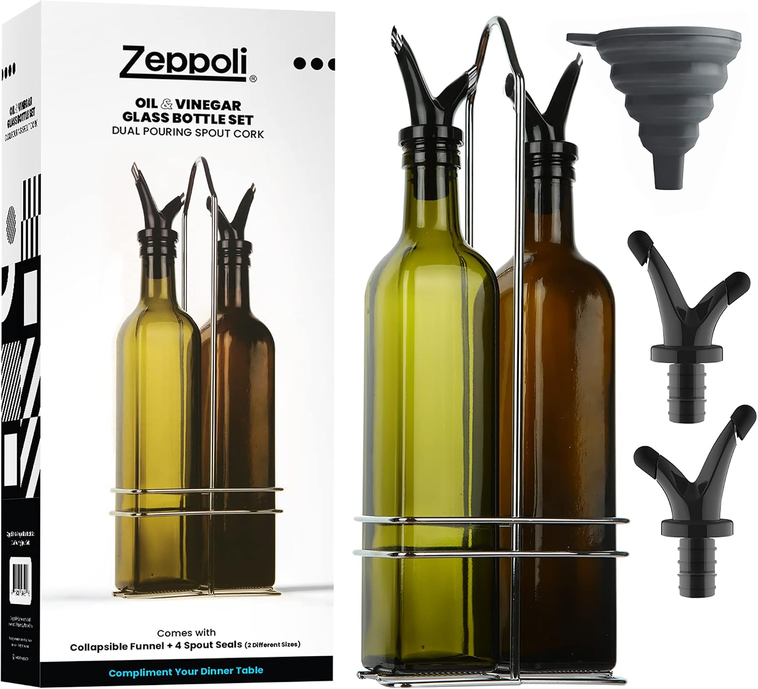 Zeppoli Olive Oil Dispenser Bottle Set 17 oz - Stainless Steel Rack 2 Pack - Oil & Vinegar Glass Bottles Set - 4 Removable Dual Spout, Pouring Funnel - Cruet for Kitchen (Green & Brown)
