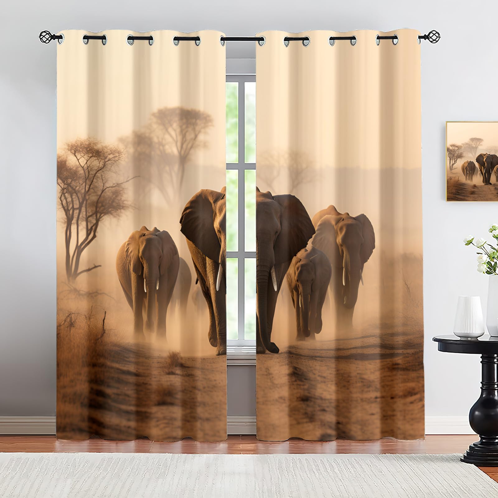HYGIUID African Elephant Curtains for Girls Bedroom, Nature Migration Animal Forest Thermal Blackout Curtains Modern Curtains for Beautifying Space and Protecting Furniture, 66.1" x 72", 2 Panels