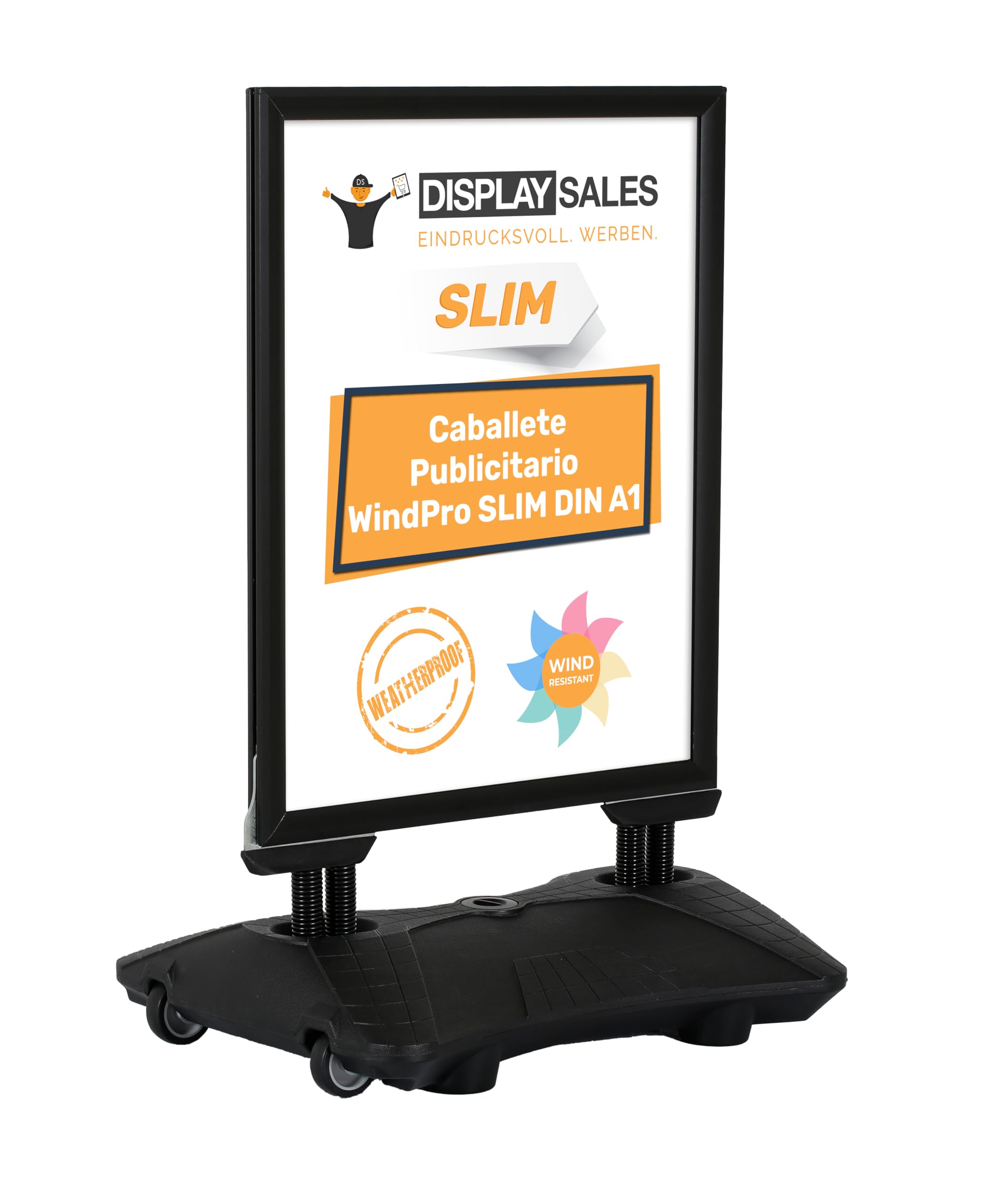 Caballete Publicitario Exterior WindPro® SLIM DIN A1 Negro | Soporte para Carteles Doble Cara Resistente al Viento y al Agua | Panel Publicitario Outdoor Profesional