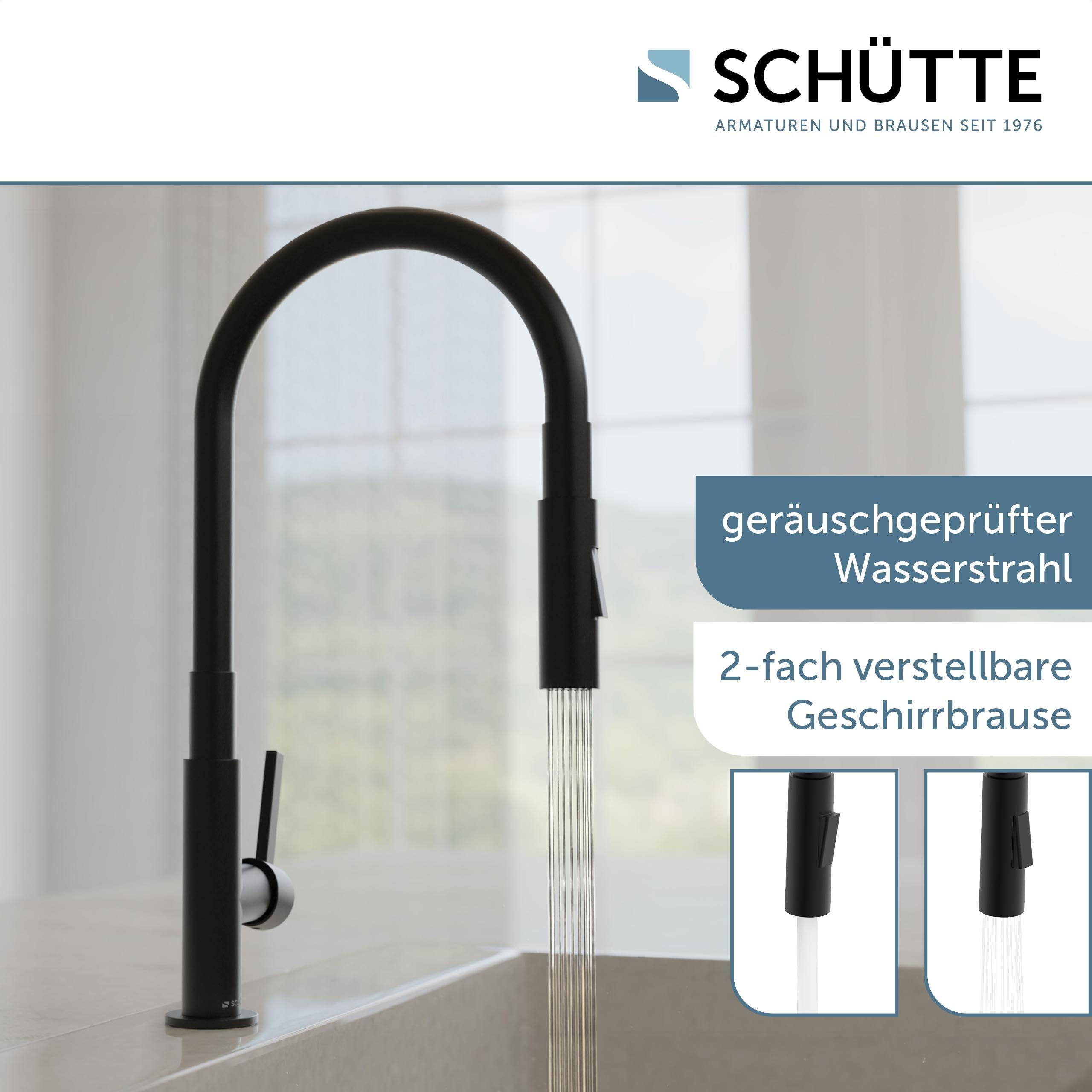 SCHÜTTE GLASGOW Schwarz Flexible Spültischarmatur mit Eco-Click-Funktion, biegsamer Wasserhahn für die Küche schwarz, Auslauf mit Soft-Touch-Schlauch, 360 Grad schwenkbar, Wasserhahn Küche, 79586