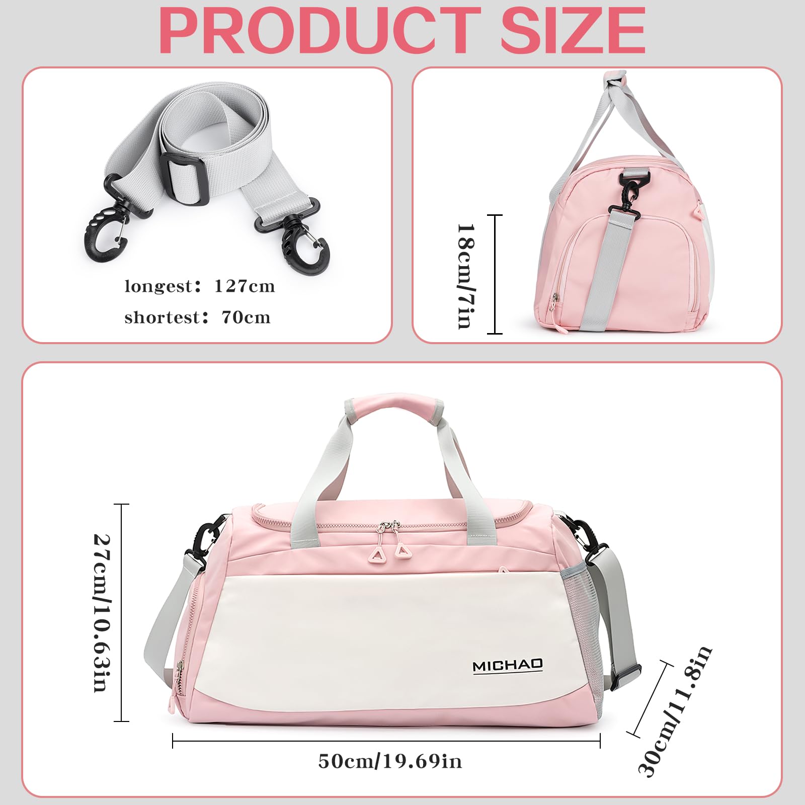 Damcyer Bolsa De Deporte, Bolsa Deporte Mujer para Mujer Grande con Compartimento Zapatos y Compartimento Mojado, Bolsa De Viaje Mochila Gimnasio, Blanco+Rosa — view 7