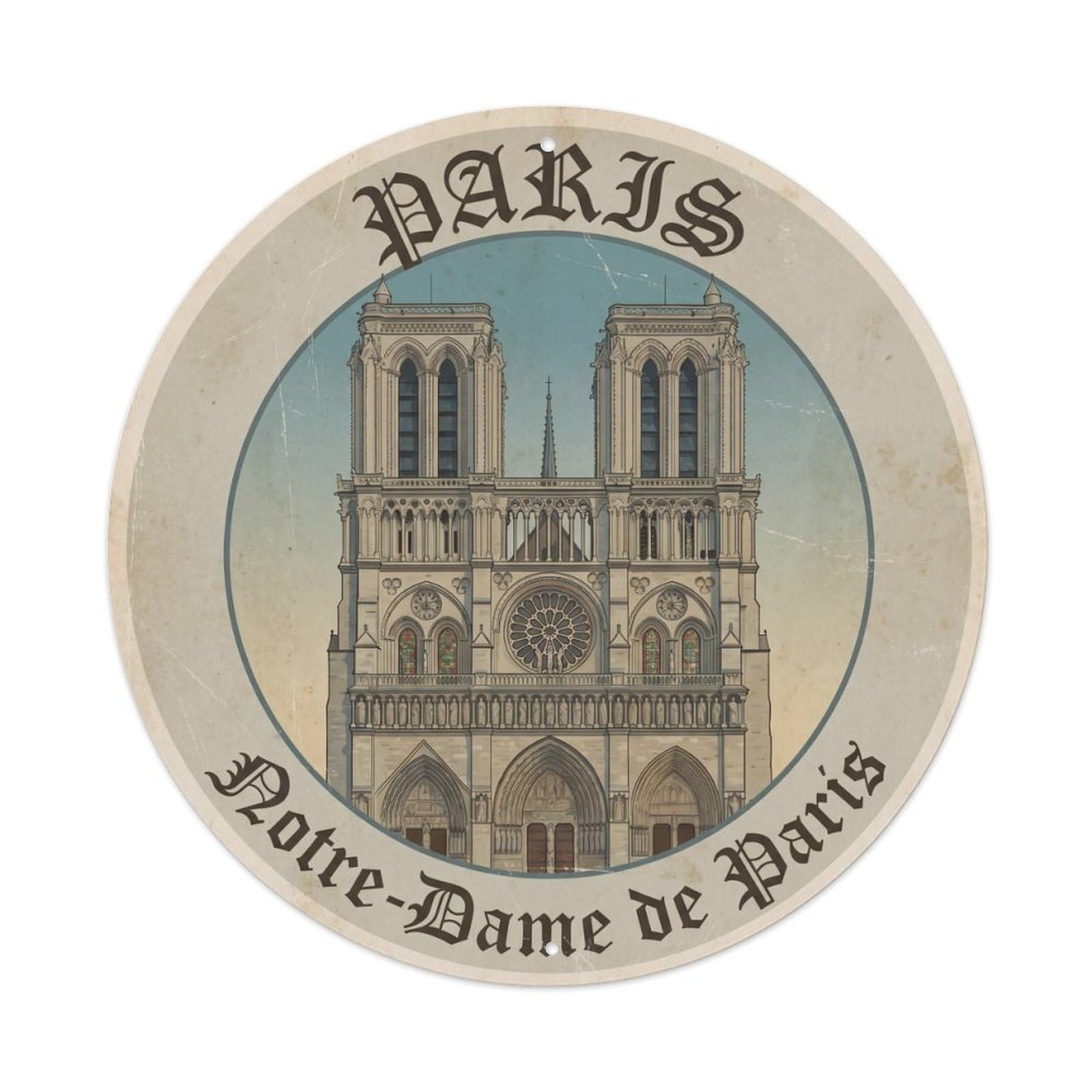 Vintage Travel Parisian Notre Dame Cathedral Metal Tin Sign Plaque Wall Decor for Cafe, Club, Garden Round Metal Poster 8x8Inch