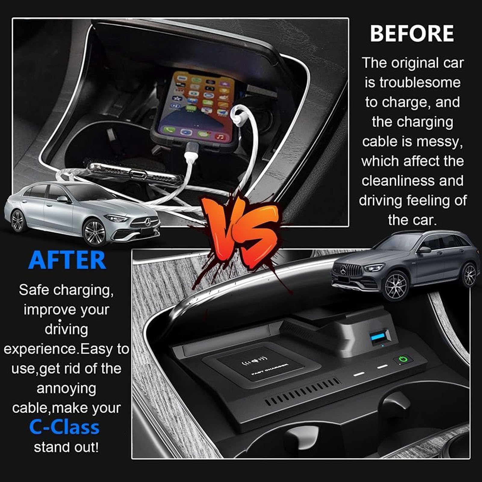 Caricatore Wireless Per Auto per Mercedes Benz Classe C Glc (2015-2022) Tutti I Modelli Con Sistema Di Raffreddamento A Doppio Canale D'aria Accessori Di Aggiornamento A Carica Rapida Da 15 W