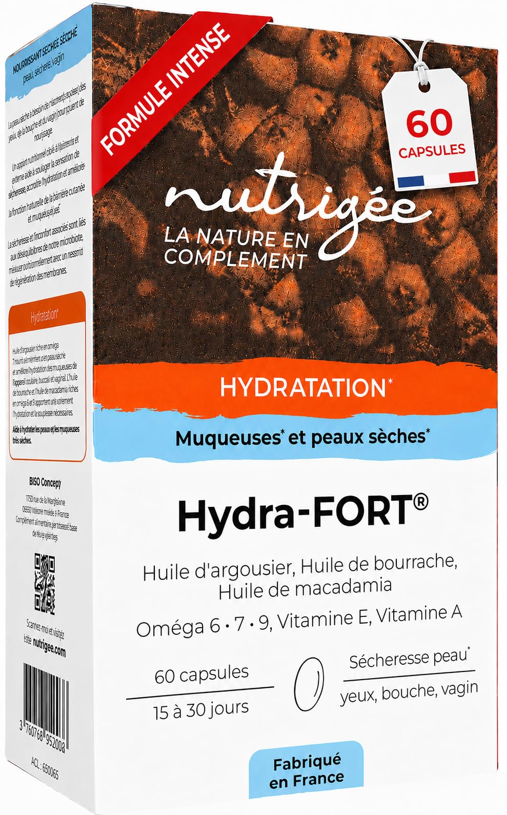 NUTRIGÉE – Hydra-FORT - Hydratation Peau & Muqueuses - Sécheresse Vaginale, Oculaire & Peau Déshydratée – Concentration Oméga 7-60 Capsules – 30 jours