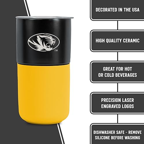 Miniatura 498 de Rico Industries NCAA Miami of Ohio Redhawks - Vaso de cerámica de 16 onzas con agarre de silicona, grabado láser profundo, diseño de color negro