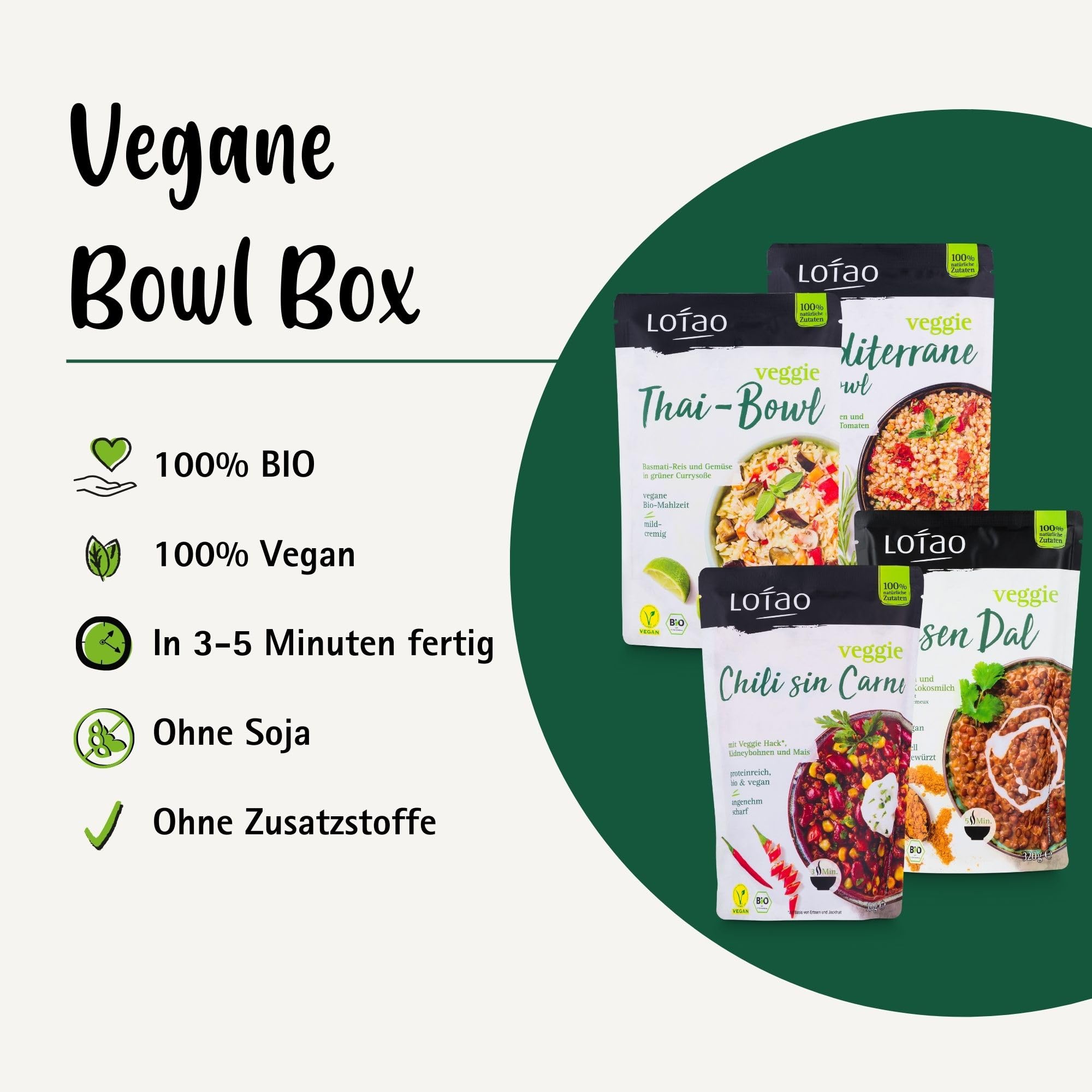 LOTAO Vegane Fertiggerichte - Bowl Box: 8 BIO-Gerichte ohne Zusätze und Soja | Schnell und praktisch: Fertigessen für Mikrowelle und Pfanne | Vegane Lebensmittel in Geschenkbox