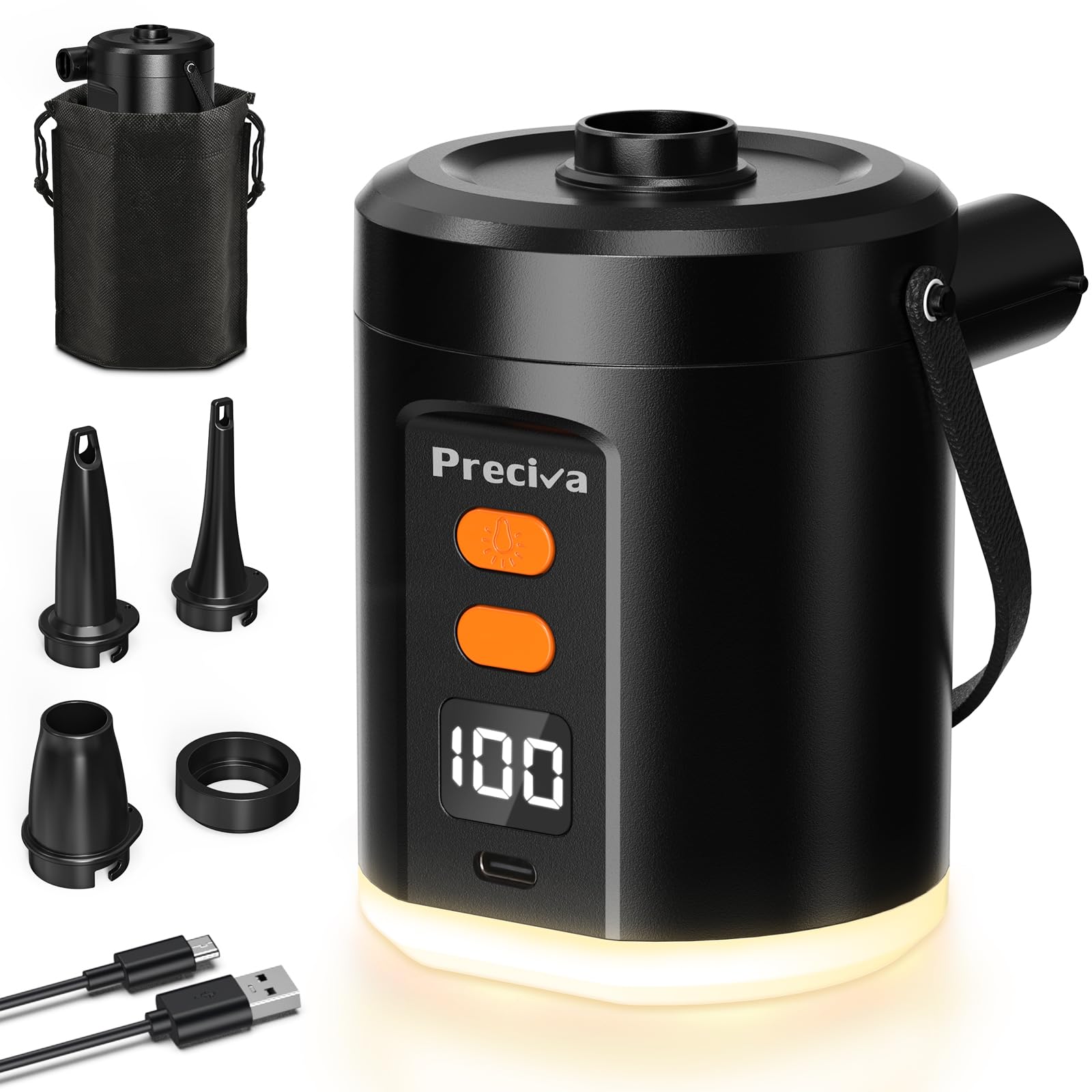 Preciva Bomba De Aire EléCtrica con 3 Boquillas,Inflador Colchon Hinchable 5000mah,Inflado/Desinflado RáPido，Bomba de Aire EléCtrica con Luz de Camping PortáTil para Nadar, CáMping
