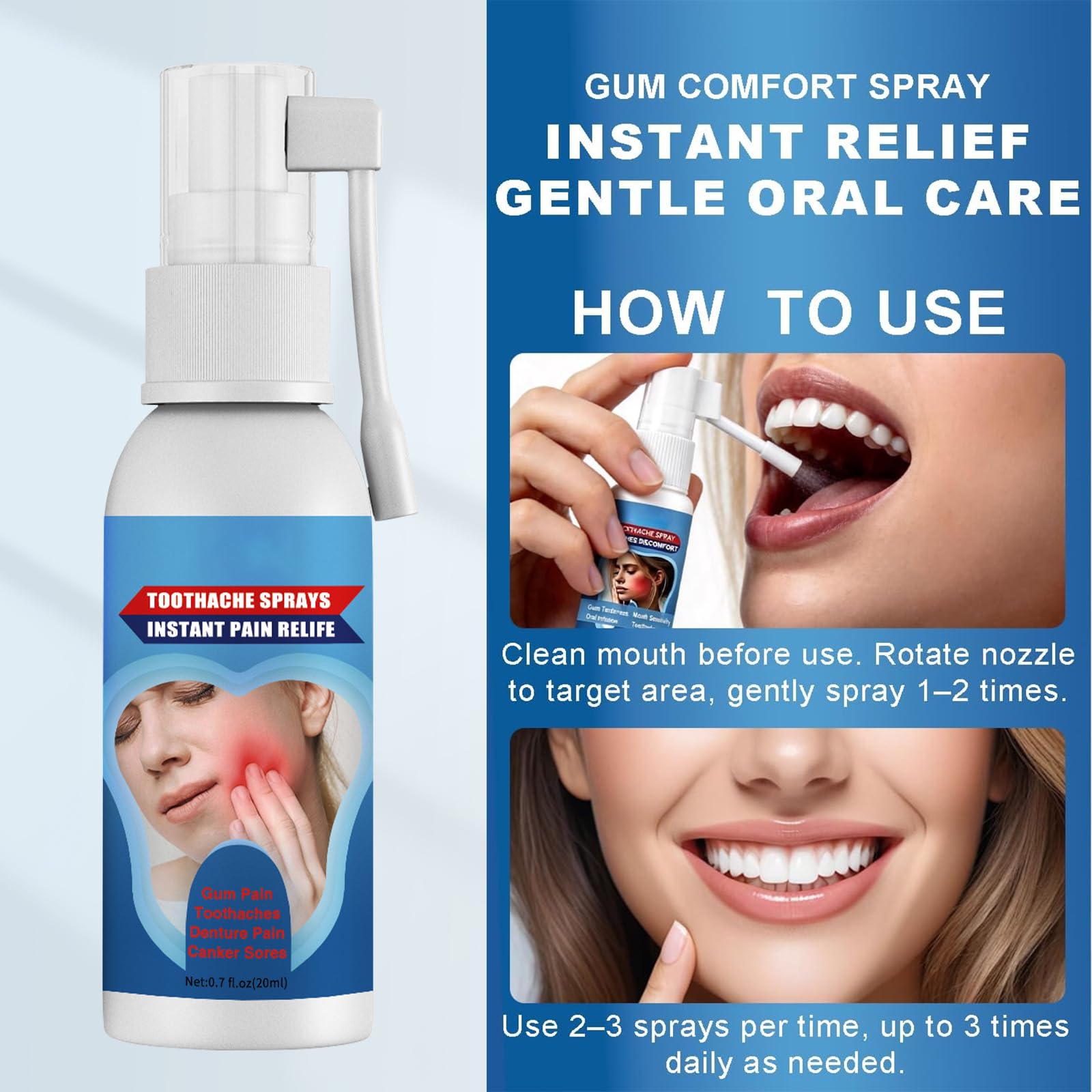 Toothache Relief Spray for Adults, Instant Pain Relief Oral Spray for Wisdom Teeth Inflammation, Swollen Gums, Canker Sores & Denture Pain, Anti-Inflammatory & Swelling Soothing Spray, 0.7 fl.oz/20ml. — view 2
