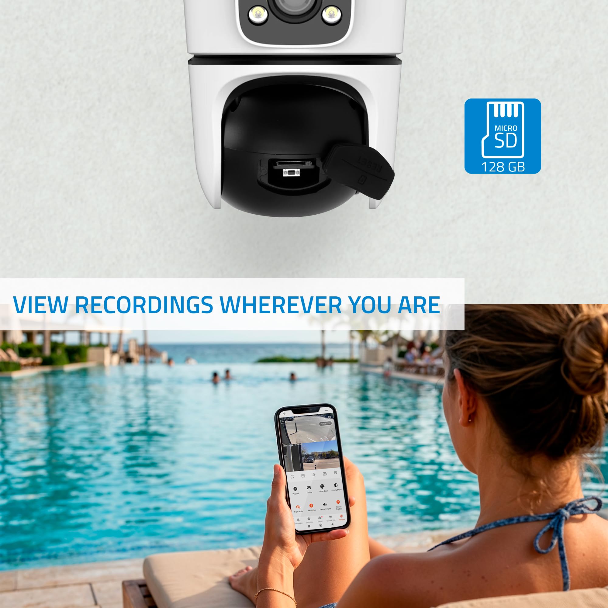 Telecamera di sicurezza esterna NVIIAN Dual 3MP SuperHD 2K WiFi con doppia lente – Nessun punto cieco, tracciamento automatico AI, audio bidirezionale, IP65, controllo tramite app Tuya (Bianco)