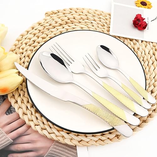 Miniatura 2 de Snplowum Juego de cubiertos Royal de 20 piezas, servicio para 4 utensilios de cocina del hogar, cubiertos de espejo incluyen cuchillo, tenedor,