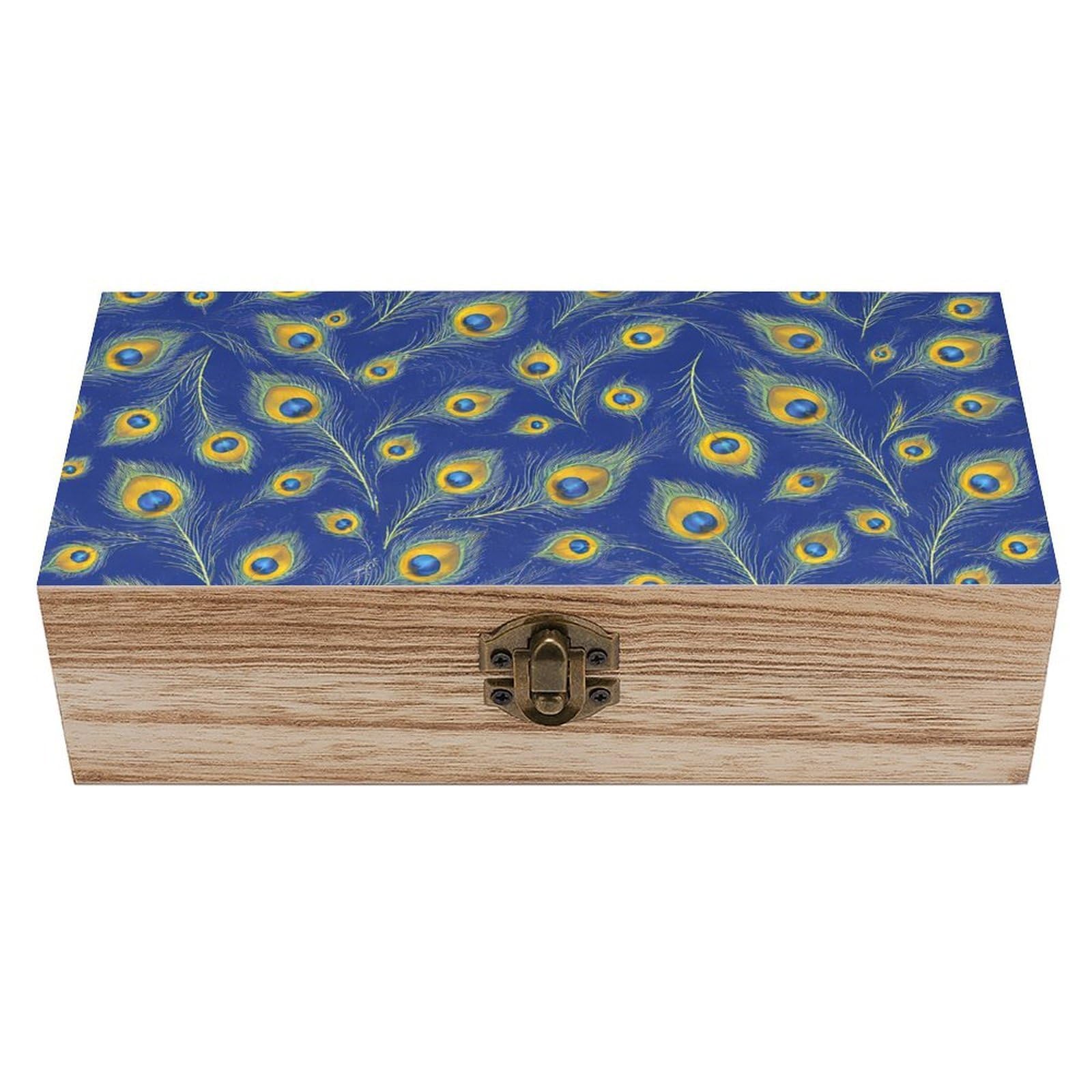 HLBSDM Peacock Feathers Wooden Storage Box