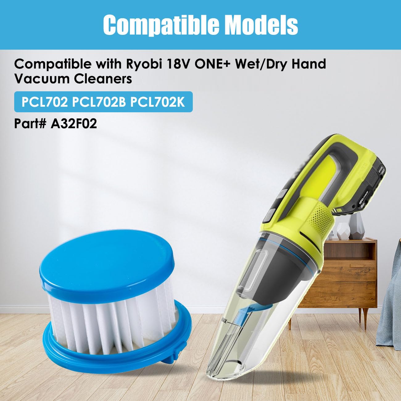ANBOO A32F02 HEPA Filters Replacement Compatible with Ryobi 18V ONE+ Wet/Dry Hand Vacuum Cleaners PCL702, PCL702B, PCL702K (3 Filters + 1 Cleaning Brush)
