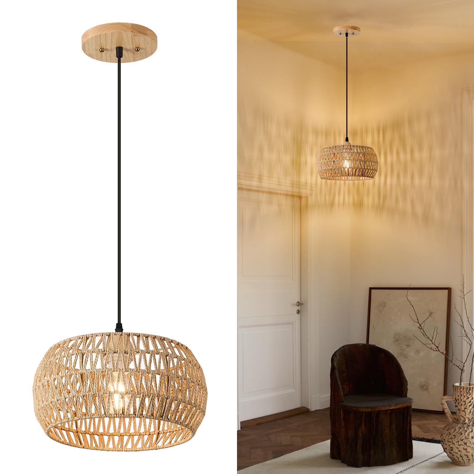 ALAISLYC 13 Inch Rattan Pendant Lights Farmhouse Boho Chandelier Light Fixture Rustic Wicker Hand Woven Pendant Hanging Light for Dining Room Kitchen