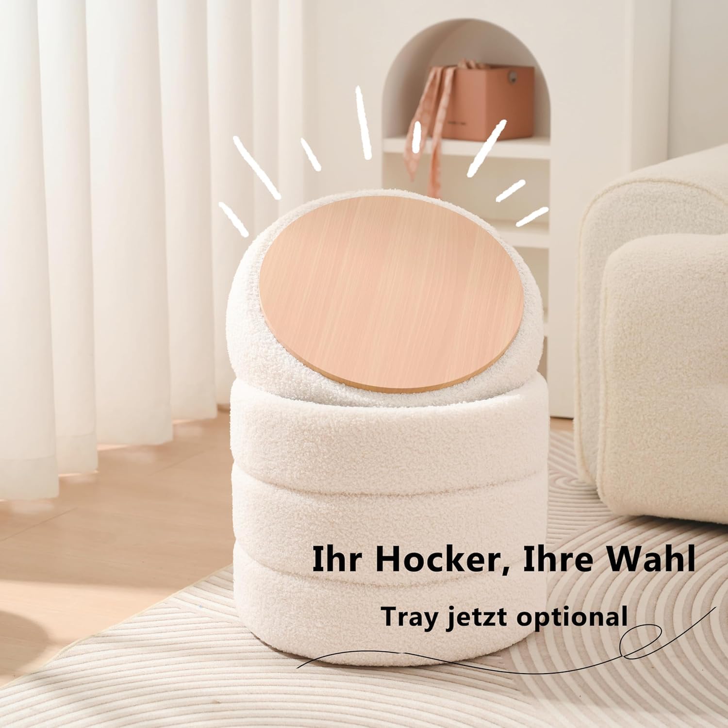 Zedelmaier Runder Teddy Hocker mit Stauraum - Sitzhocker, Schminktisch & Aufbewahrungshocker für Wohnzimmer, Schlafzimmer & Kinderzimmer (Weiß)
