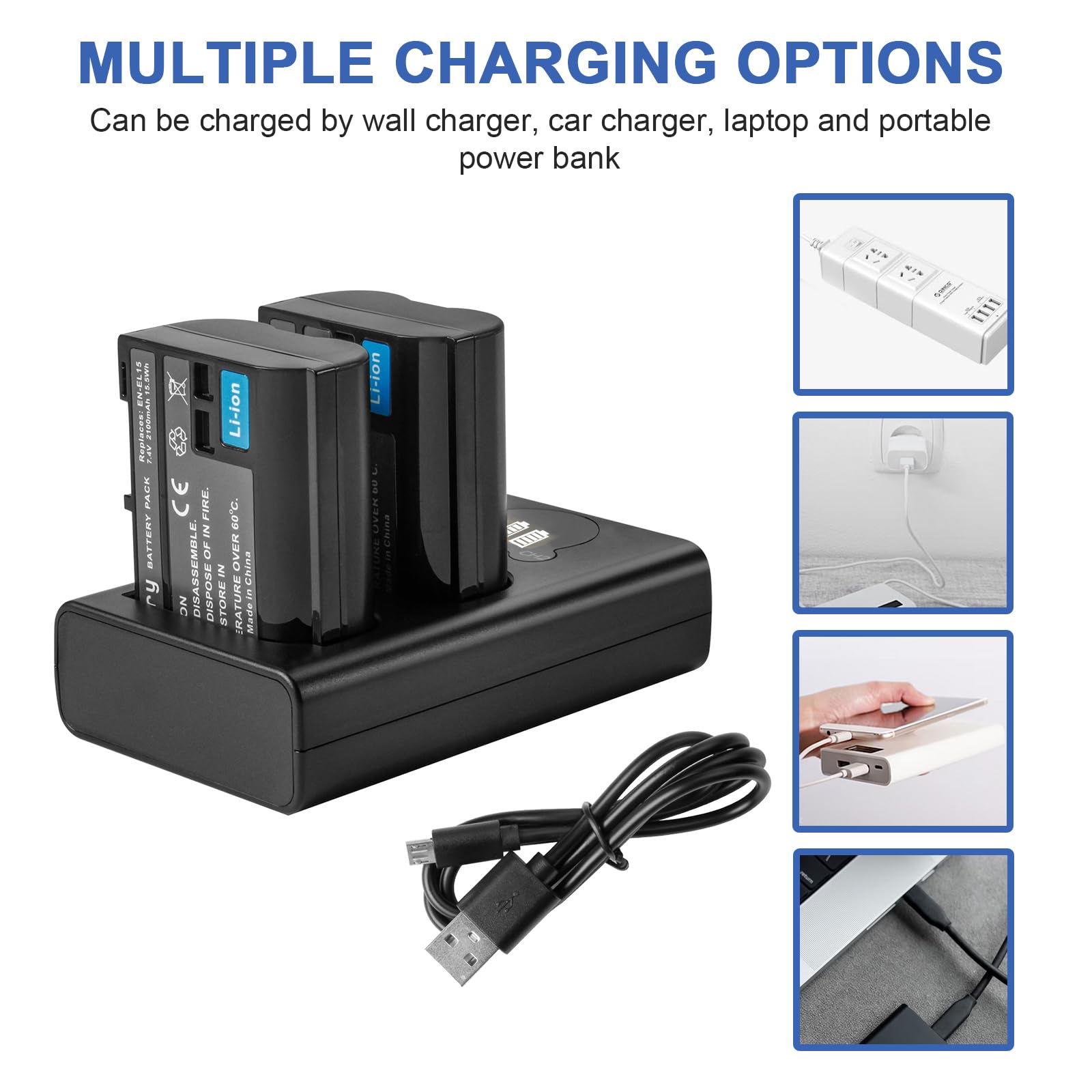 Batterie EN-EL15 USB-C Per Nikon - 2 Pezzi Da 2450mAh, Compatibili Con D850, Z7, Z6 E Altre Reflex