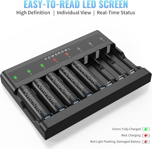 Miniatura 5 de POWEROWL Cargador de batería AA AAA 8 bahías, ranura independiente, carga rápida USB para baterías recargables Ni-MH Ni-CD