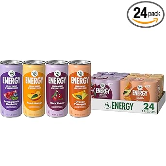V8 +Energy Peach Mango, Orange Pineapple, Black Cherry and Pomegranate Blueberry Juice Energy Drinks, 8 fl oz Can (24 Pack)