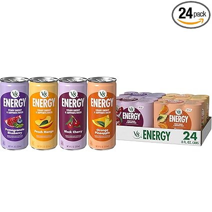 V8 +Energy Peach Mango, Orange Pineapple, Black Cherry and Pomegranate Blueberry Juice Energy Drinks, 8 fl oz Can (24 Pack)