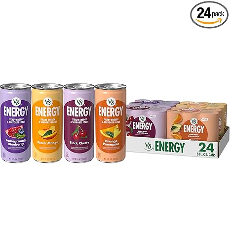V8 +Energy Peach Mango, Orange Pineapple, Black Cherry and Pomegranate Blueberry Juice Energy Drinks, 8 fl oz Can (24 Pack)
