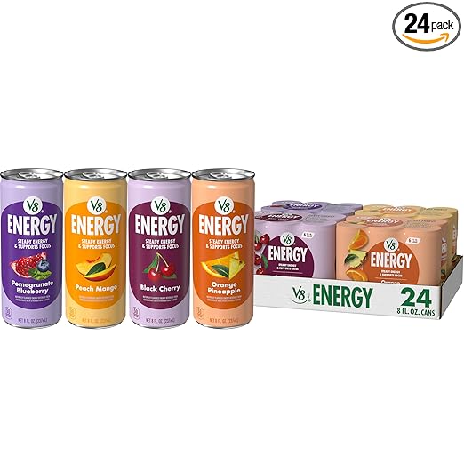 V8 +Energy Peach Mango, Orange Pineapple, Black Cherry and Pomegranate Blueberry Juice Energy Drinks, 8 fl oz Can (24 Pack)