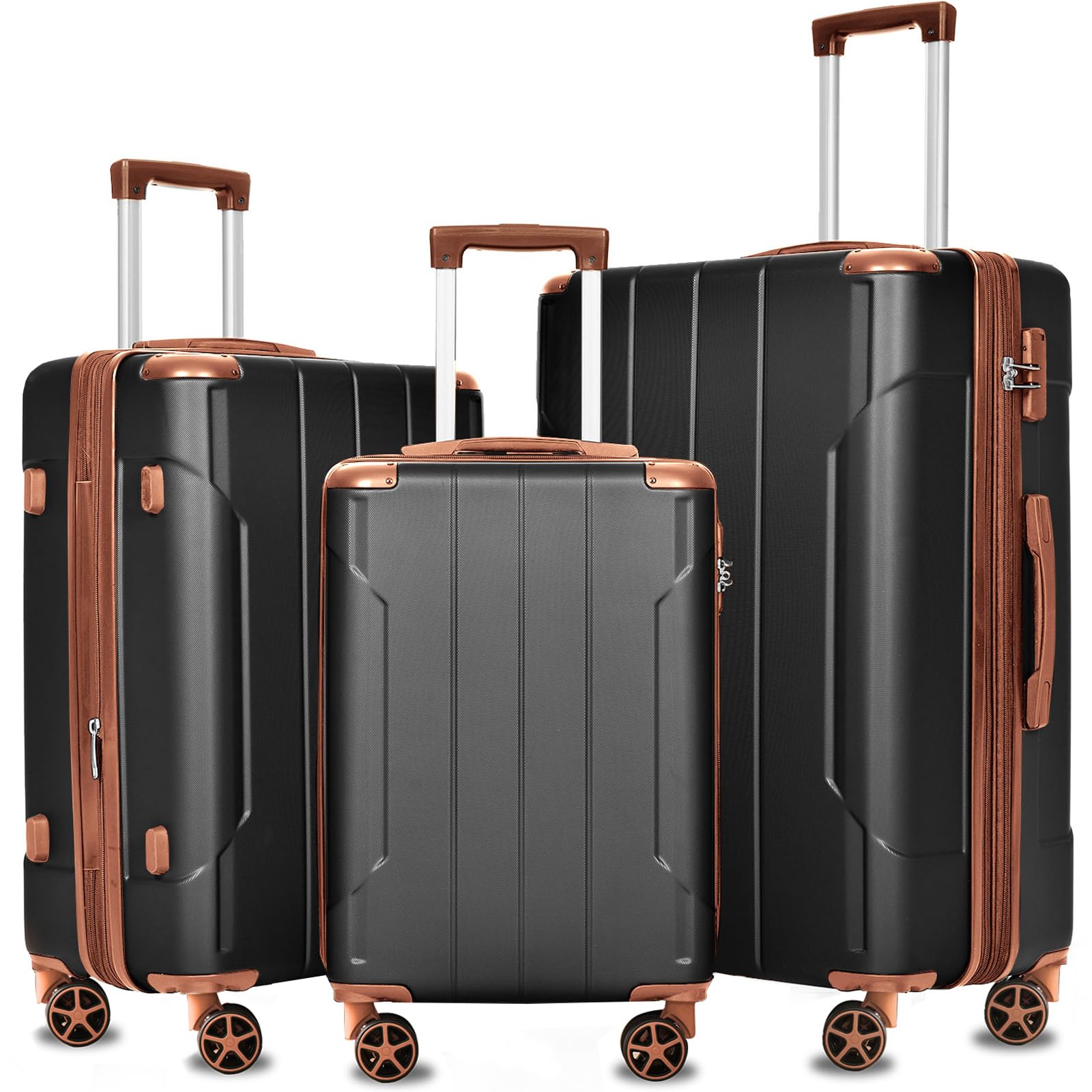 Merax Luggage Sets 3-Piece Hardshell with Spinner Wheels Lightweight Suitcase with Corner Guards (Black brown, 20/24/28)