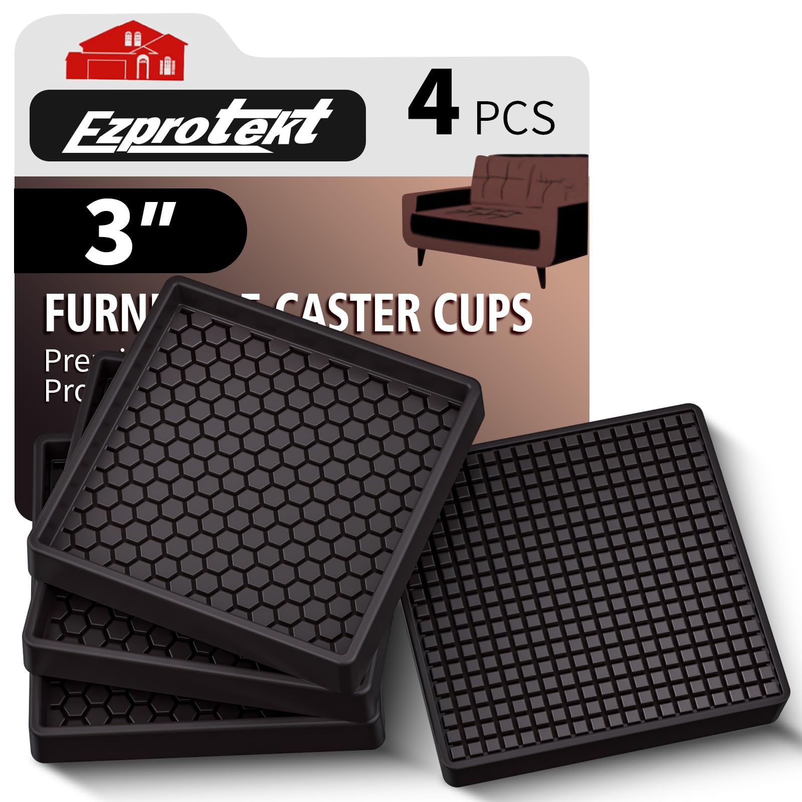 Ezprotekt Non Slip Furniture Pads, 4 Pcs 3" Anti Slip Rubber Caster Cups, Anti Skid Furniture Coasters for Hardwood Floors, No Slide Furniture Gripper, Furniture Stoppers to Prevent Sliding (Brown)