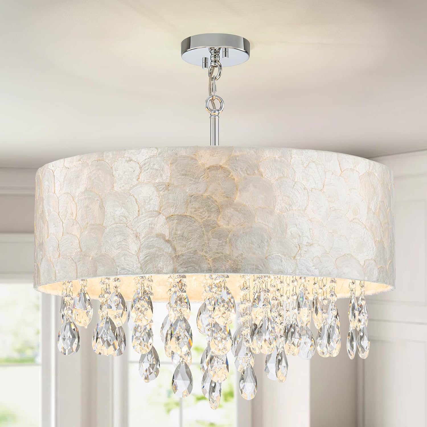 X-Large 6-Light Drum Capiz Shell Crystal Chandeliers, Coastal Style Pendant Light Fixture for Dining Room, Living Room, D24 x H23~71 inch(Adjustable), Shell Lampshade & Chrome Finish