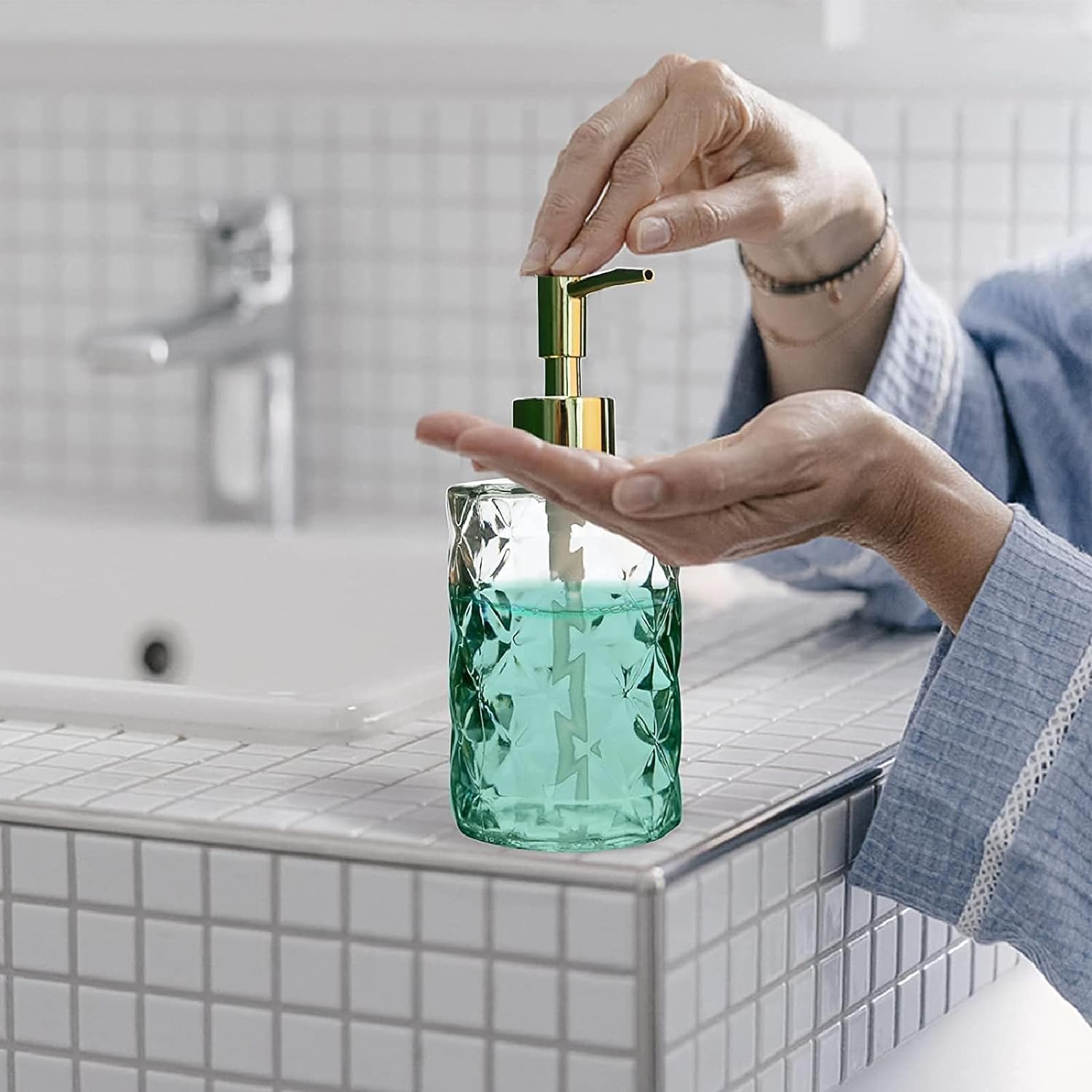 Soap Dispenser, 2 Pack, Clear Diamond Glass Refillable Hand Soap Dispensers, Hand and Dish Soap Dispenser - Image 4