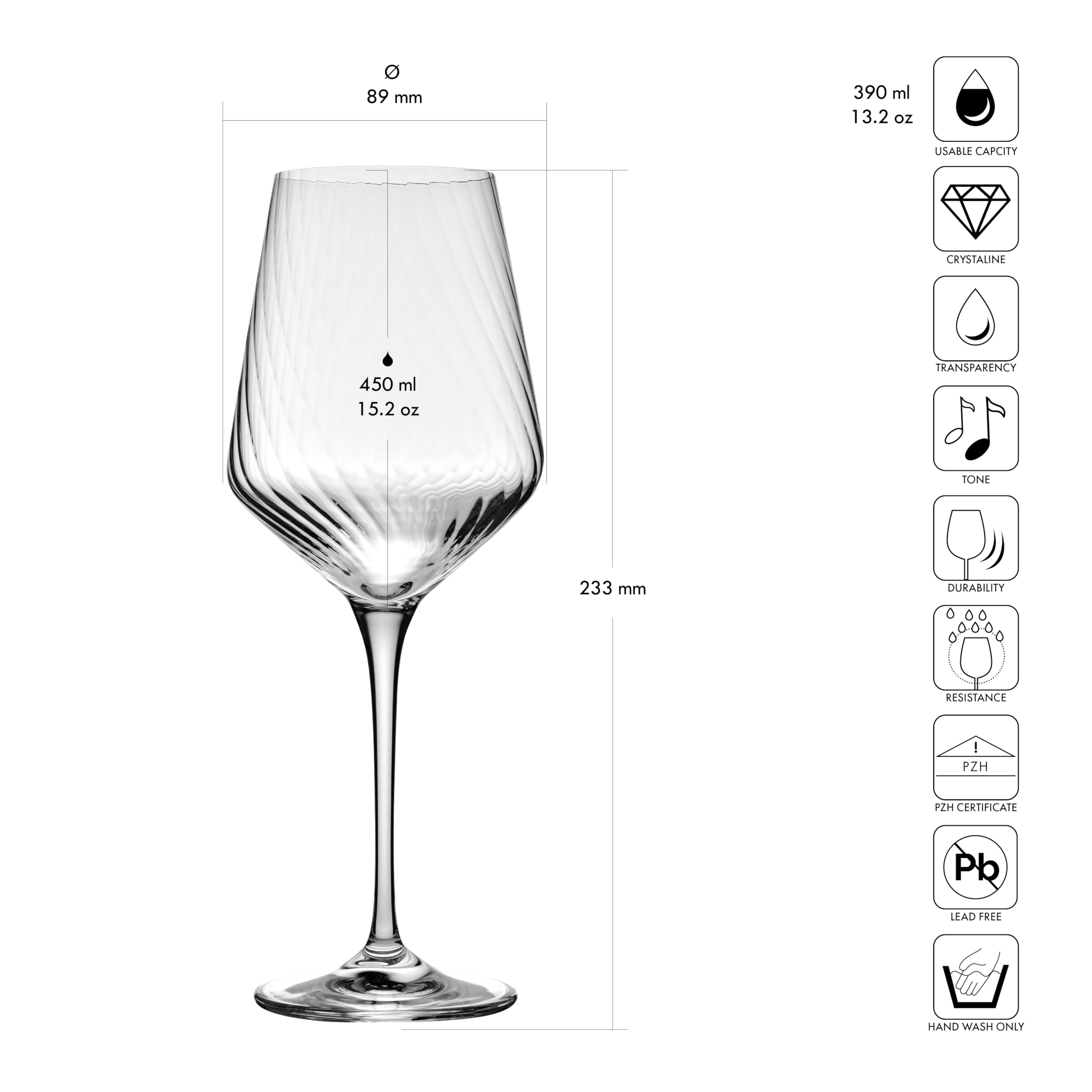 KROSNO Kieliszki do Białego Wina Avant-Garde LUMI, Zestaw 4 x 450 ml | Szkło Kryształowe Bezołowiowe, zdobienie optyczne, do chardonnay, win musujących i koktajli, zmywarka