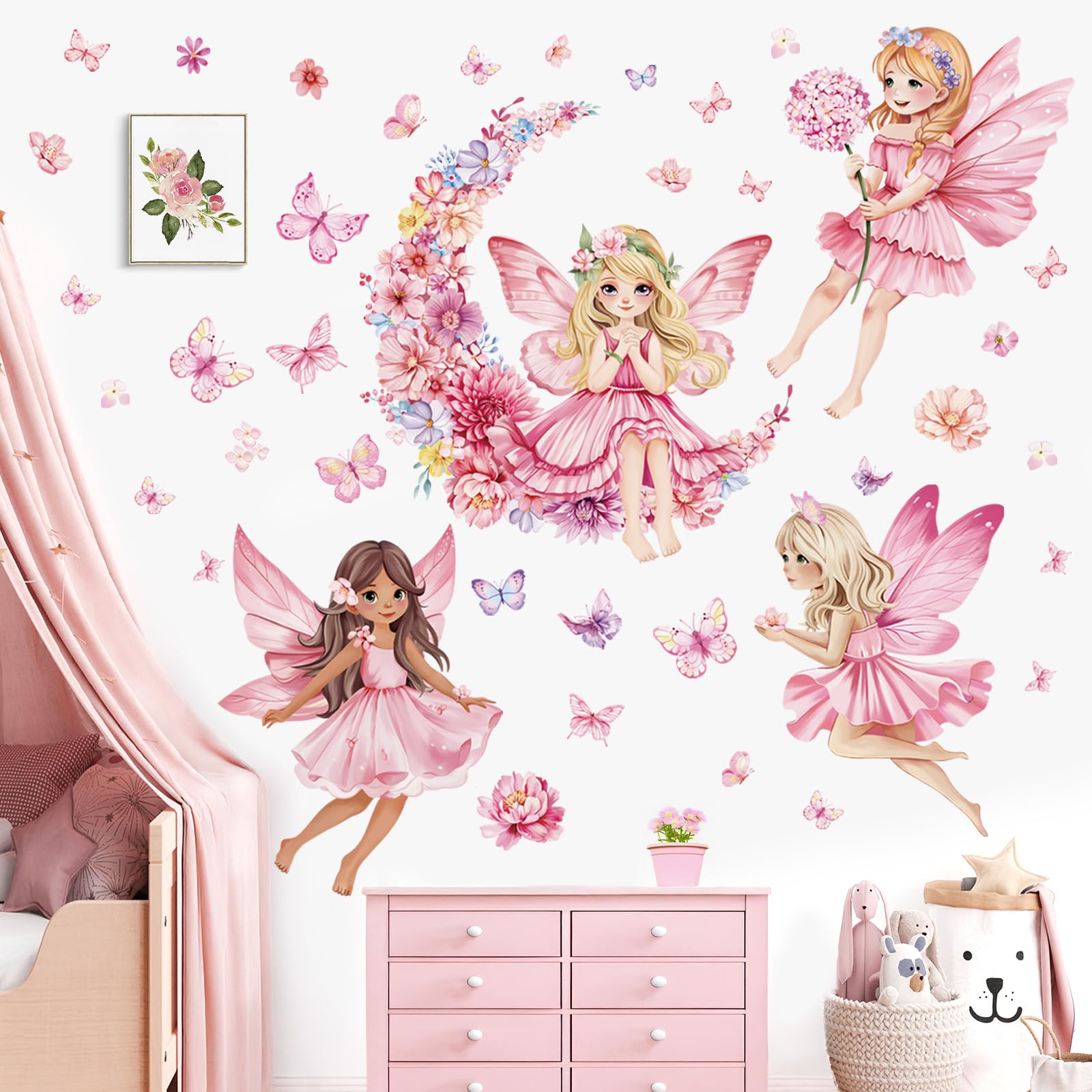 decalmile Pegatinas de Pared Infantiles Hada Rosa Vinilos Decorativos Flore Luna Mariposa Adhesivos Pared Habitación Niña Bebé Guardería Dormitorio