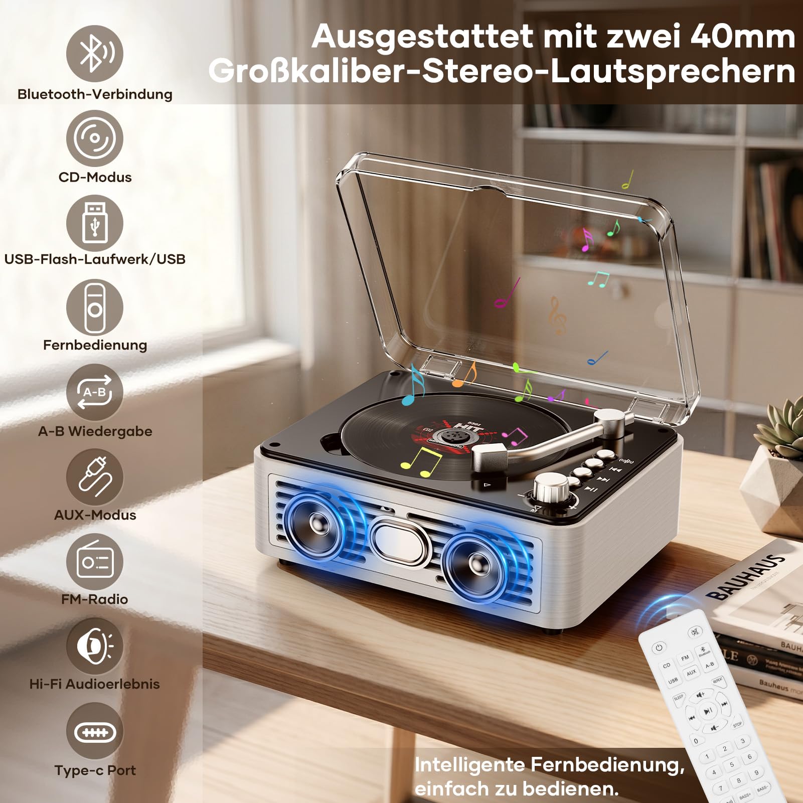Przenośny odtwarzacz CD Bluetooth z pilotem zdalnego sterowania – Timzeit Desktop Retro CD odtwarzacz CD z podwójnym głośnikiem Hi-Fi dla dzieci, radio FM, powtórzenie A-B, obsługa gniazda