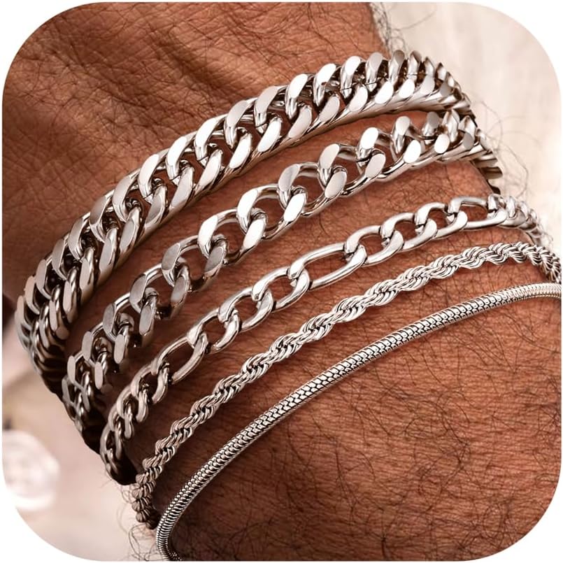 Fansilver 5 Pcs Stainless Steel Mens Bracelet Gold Silver Cuban Link Rope Figaro Cuban Chain Bracelets for Men Women 7.48/8.07/8.26 inches