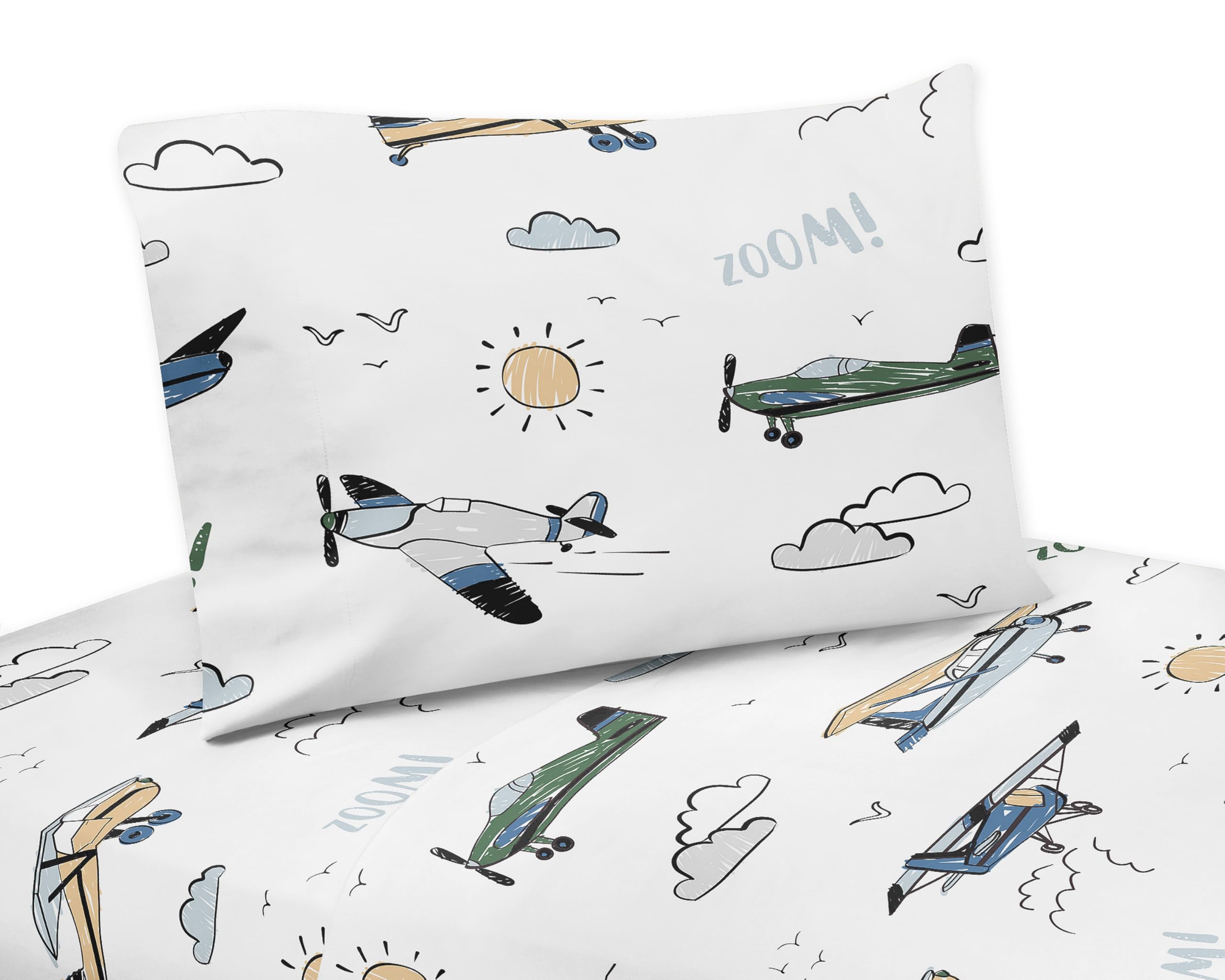 Sweet Jojo Designs Vintage Airplane Boy Queen Sheet Set Flat Fitted Bed Sheets Pillow Covers Kids Childrens Adult