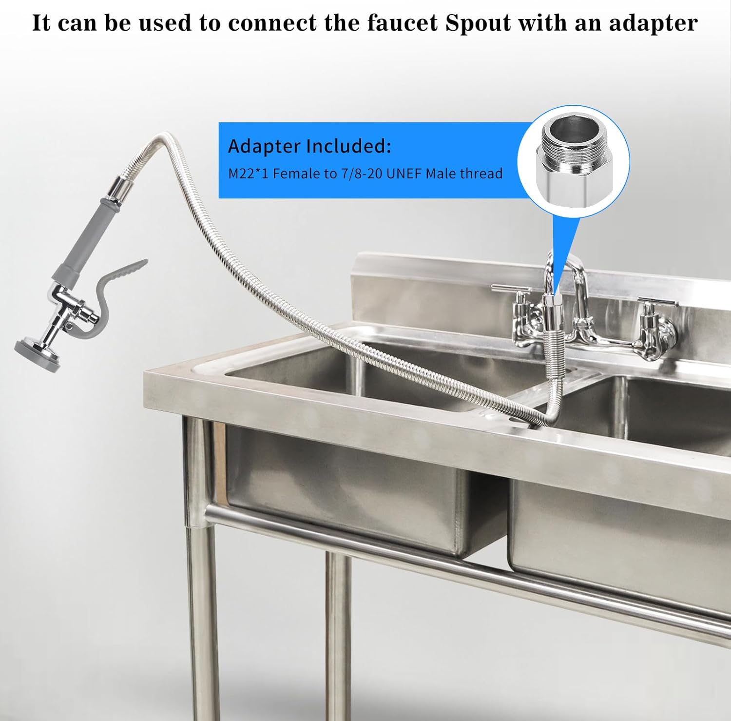 KWODE Gray Spray Valve with 38" Pre Rinse Hose, 38" Flexible Stainless Hose with High Pressure Pre Rinse Sprayer Nozzle Head Assembly Kit for Commercial Restaurant Industrial Kitchen Faucet