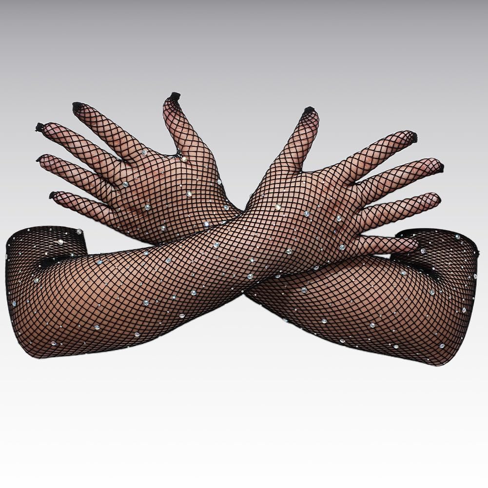 GORGECRAFT 2 Pair Long Punk Fish Net Arm Sleeves Black Women Goth Rhinestone Fishnet Gloves Elbow Length Mesh Sparkly Glitter Fashion Opera Gloves for 80s Costume Cosplay Halloween Wedding Party - Image 3