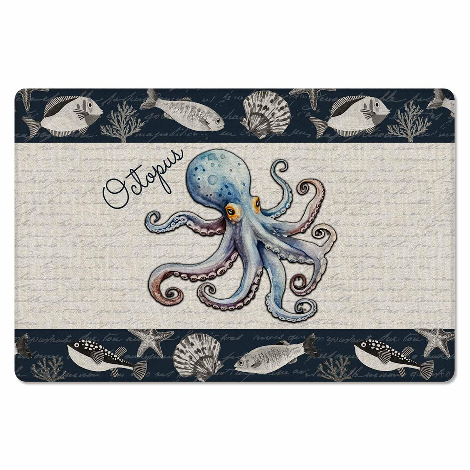 Nautical Coastal Octopus Antifatigue Kitchen Bath Door Mat Cushioned Runner Rug,Washable Welcome Floor Sink Mat,Waterproof & Non-Slip Standing Doormat for Kitchen,Tropical Fish Shell Starfish 20