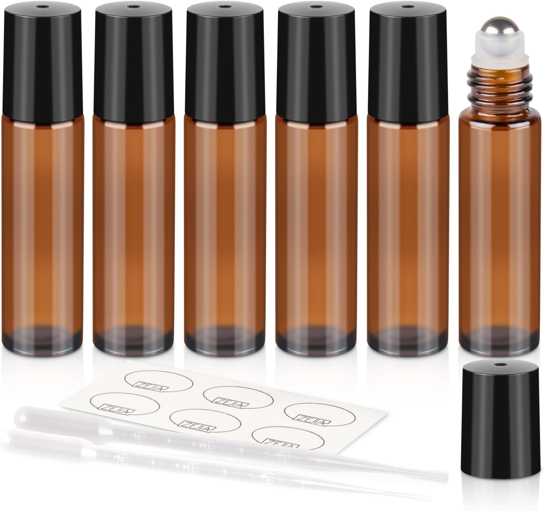 10ml Roller Bottles 6Pack Amber Thick Glass Essential Oil Roller Bottles Stainless Steel Roller Ball with 2 Droppers
