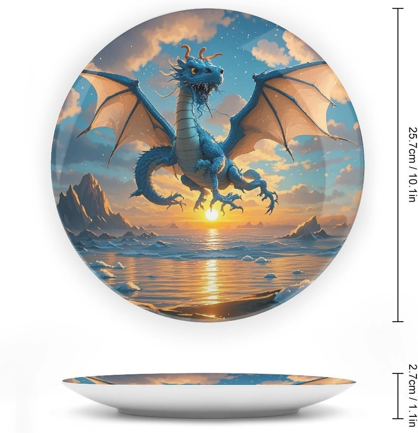 Sea Sunset Flying Dragon Decorative Ceramic Plate Round Porcelain Plate Decor Personalized Bone China Decorative Plates Ceramic Ornaments Dessert Plates with Display Stand 10inch