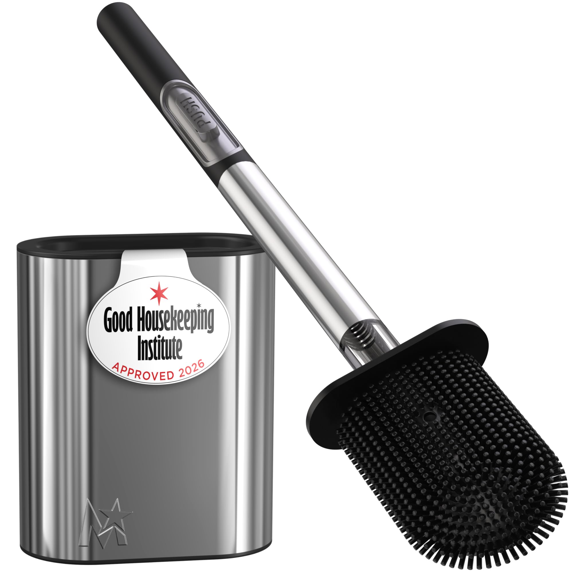 MooStar 1-Pack Silicone Toilet Brush with Holder-Stainless Steel Wall-Mounted & Free-Standing Toilet Brushes and Holders with Quick-Drying Flexible Flat Brush Head & Soap Dispenser for Bathroom-Chrome