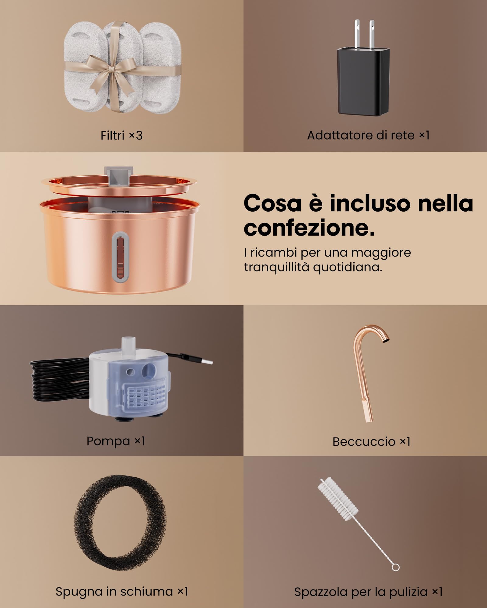 Kittyspout Fontana per gatti da 3,2 l, in acciaio inox, con 3 filtri e finestrella | Fontana particolarmente silenziosa per gatti e cani di piccola taglia, con delicata illuminazione a LED, superficie in rame