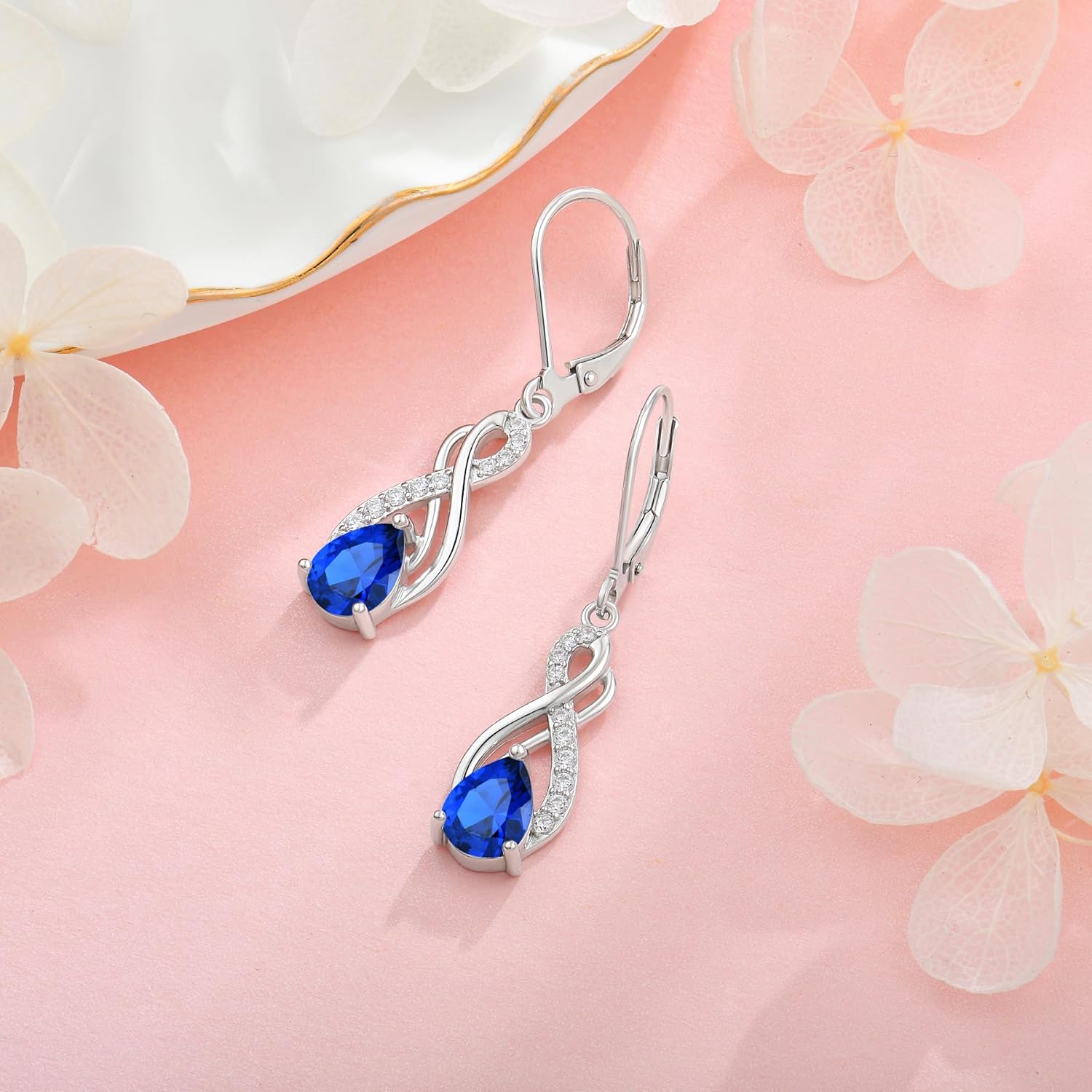 Infinity Love Birthstone Earrings for Women 925 Strling Silver 5A Cubic Zirconia Dangle Drop Leveback Earrings Jewelry Birthday Christmas Day Gifts for Her - Image 4