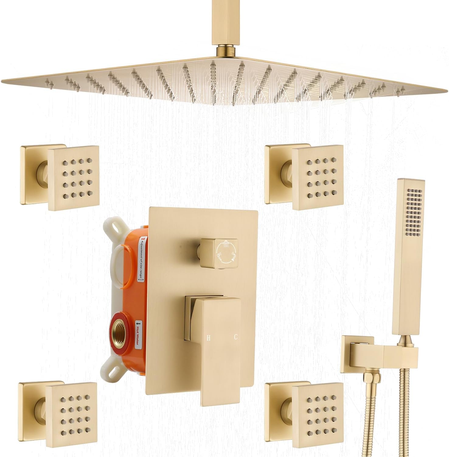 Enga Brushed Gold Rain Shower System with 4 Body Shower Jets 12inch Ceiling Mount Rainfall Shower Head & Handheld, Multi Shower Head System Rain Shower Faucets sets Combo with Rough-in Valve