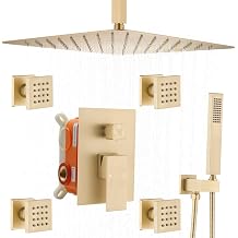 Brushed Gold Rainfall Shower System with Body Jets - 12Inch Full Body Rain Shower Head Combo Set with Hand Shower Faucet Mixer Valve Included