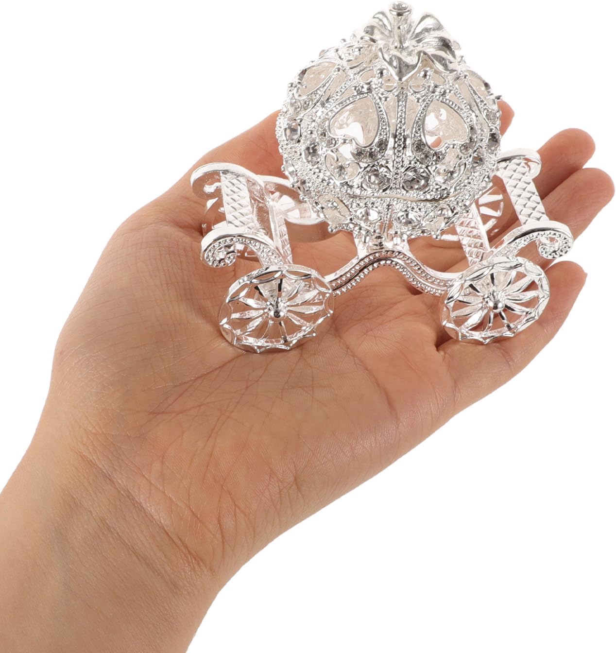 Rhinestone Trinket Box - 1pc Silver Pumpkin Carriage Princess Crystal Jewelry Box Alloy Pumpkin Cart Ornaments Display Holder Organizer for Accessories Cosmetics - 3.14x2.95x1.97in - Image 3