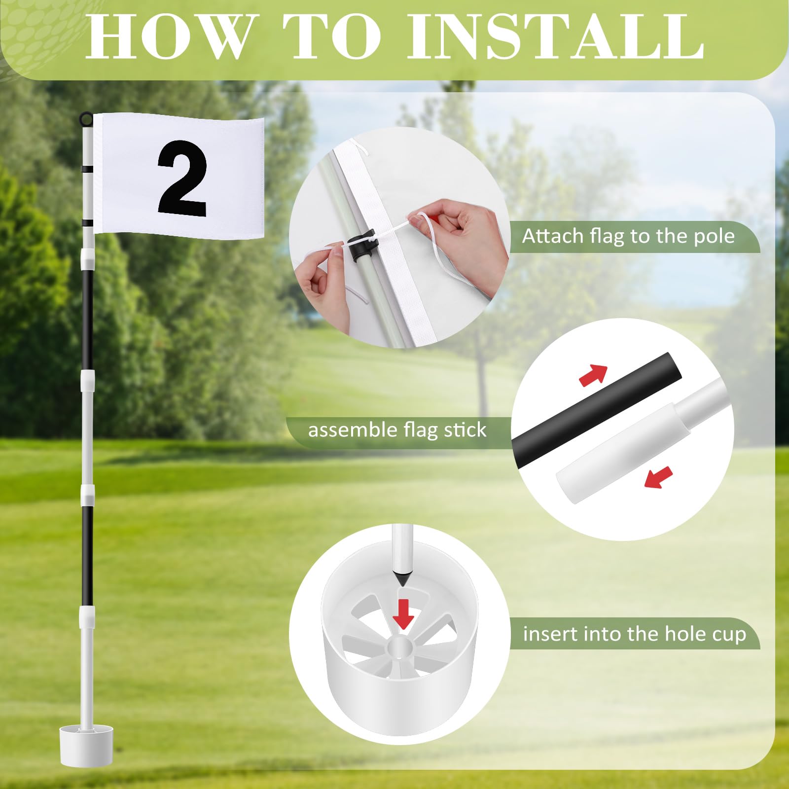 Golfflaggenstab, 1,8 m, grüne Flagge, Golflochstange, nummerierte Flaggen für Driving Range, Hinterhof, Putting Green und Chipping Greens, Geschenke, 2 Stück (schwarz)