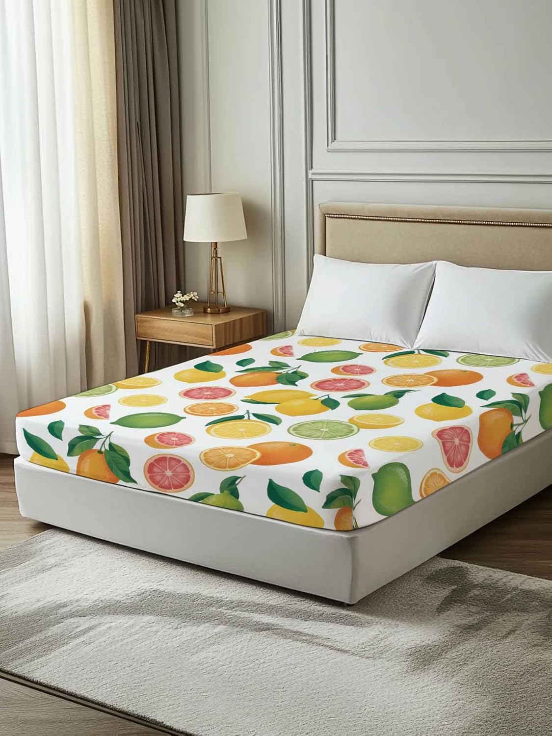 Top Sheet Full Bedding Flat Sheet Only, Farmhouse Lemon Orange Grapefruit Microfiber Bed Sheets Soft Breathable Bedding Flat Sheets, Summer Fruit Hotel Luxury Top Sheets
